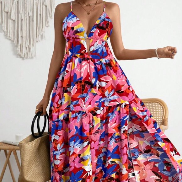 Red Boho Women's Vacation Floral Print Backless Dress - Picture 1 of 6